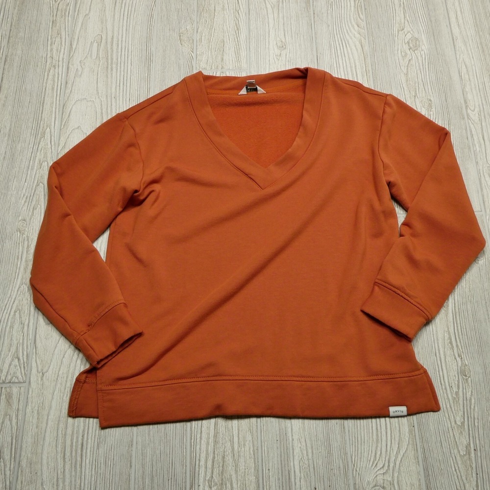 Orvis Top Women's Soft Fleece Cozy Pullover Size S/Ch Rust Red V Neck Sweater